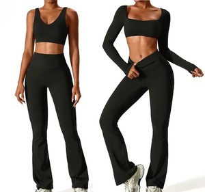 Brown 4 Piece Yoga Set <b>Crop</b> Top Mid Waist Full Length <b>Leggings</b> Seamless Four Way Stretch Spandex/Nylon Plus Size Front - Product Image 6