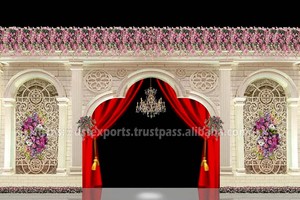 Paneles de fondo para escenario de boda árabe con acabado blanco de lujo, paneles de fondo para escenario de boda con cortinas verdes y decoración floral - Product Image 2