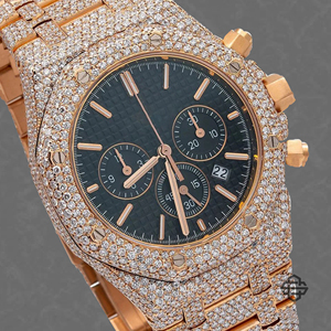Montre de luxe haut de gamme 41 mm en acier inoxydable avec mouvement à quartz ETA, qualité inégalée, entièrement sertie de diamants Moissanite, verre pliant - Product Image 2