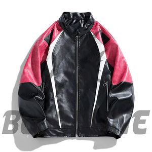 Men's Black Red PU Leather Moto <b>Biker</b> <b>Jacket</b> Stand Collar Zipper Closure Color Blocking Autumn Wear - Product Image 1