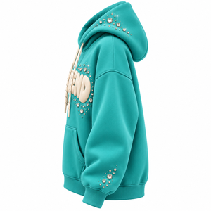 <b>Pink</b> Winter Oversized Heavyweight 100% Cotton Discharge Embroidered Pullover Hoodie Pocket Rhinestone Embellishments - Product Image 6