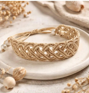 Ensemble de boucles d'oreilles et de bracelet en macramé fait main, perles, cordon beige, style bohème, réglable, bijoux en perles naturelles pour femmes - Product Image 4
