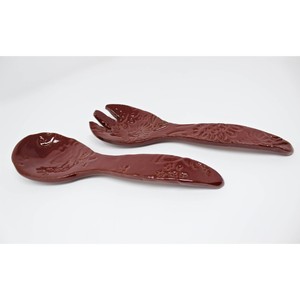 Ensemble de cuillères à salade en céramique en solde, avec motif floral, couleur rouge, ustensiles artisanaux pour servir les salades - Product Image 4