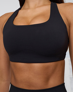 Soutien-gorge de sport dos nageur noir pour femme, col ras du cou, sans coutures, maintien moyen, idéal pour le yoga et le fitness - Product Image 6