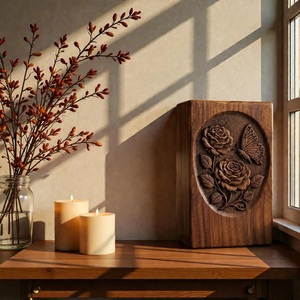 Handcrafted Wooden Urn <b>Box</b> Rose Butterfly Carvings Eco-Friendly Durable <b>Memorial</b> Keepsake Storage (200/220 Cubic Inch Capacity) - Product Image 5