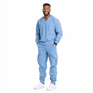 Tenues d'infirmiers d'hôpital, ensembles de blouses et pantalons cargo en tricot écologiques à col en V et manches longues pour hommes - Product Image 4