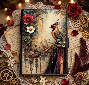 Carnet en cuir 200 feuilles motif floral Colibri Herbe Héritage, Grimoire vintage, pages aquarelles, reliure cousue, multicolore - Product Image 5