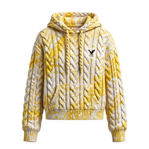 Sweat à capuche jaune et blanc en tricot torsadé avec motif éclaboussures, cordon de serrage tressé, pull à manches longues texturé, style streetwear pour adultes - Product Image 1