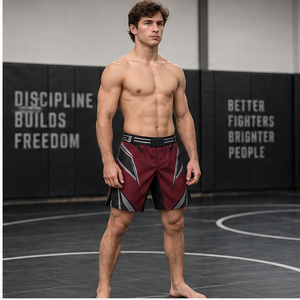 Shorts de combat MMA personnalisés bordeaux en polyester/coton, séchage rapide, respirants, extensibles, fabrication OEM ODM - Product Image 3