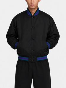 Blouson universitaire coupe-vent en PU noir pour homme, avec garnitures violettes et vertes, coupe droite, col montant, simple boutonnage, style décontracté, collection printemps - Product Image 5