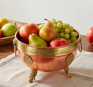 Bol rond traditionnel chinois en cuivre poli avec accents dorés, fait main, design à quatre pieds, pour la table et les cadeaux - Product Image 5