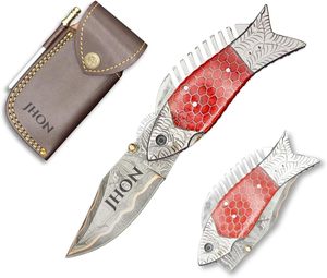 San-Mai <b>Copper</b> Damascus Multi-Functional Hunting Camping EDC Knife Fishing Folding Pocket Knife Steel Engraved Honey Comb Handle - Product Image 1