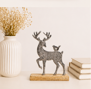 High Quality Handcrafted Silver Aluminum Reindeer With Bird Sculpture On Solid Wooden Base Modern Metal Stag Figurine Tabletop - Product Image 2