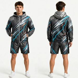 White Grey Brushstroke Men Windbreaker Short Sets Lightweight Polyester Quick Dry <b>Hooded</b> Summer Fashion Windbreaker Short Sets - Product Image 4