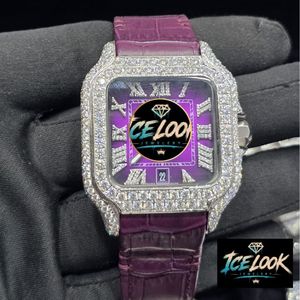 ICE LOOK Luxury Square Quartz Watch With Diamond Bezel Purple Leather Band Date Display Stainless Steel Case 38mm Unisex - Product Image 4