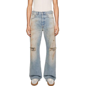 Jean droit ample vintage déchiré et vieilli en coton 100 % biologique peigné pour homme, délavé foncé avec décoration en cristal, idéal pour l'hiver et l'automne - Product Image 1