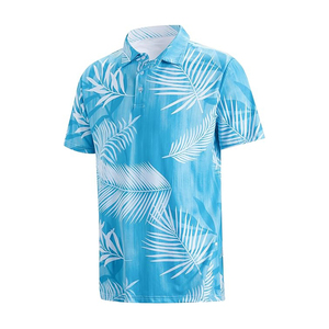 เสื้อโปโลแขนสั้นสีน้ำเงินสำหรับผู้ชาย พิมพ์ลายใบปาล์มสีขาว ทรงปกติ สไตล์ลำลอง ผ้าทอระบายอากาศได้ดี - Product Image 1