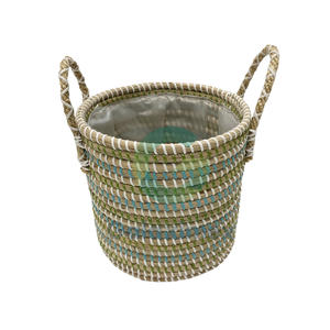 Round Seagrass Storage <b>Baskets</b> <b>with</b> Leather <b>Handles</b> Woven Handcrafted <b>Baskets</b> Made in Vietnam Seagrass Planter Pots - Product Image 6