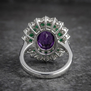 Luxury 925 Sterling Silver <b>Cocktail</b> <b>Ring</b> With Oval Amethyst Center Green Pave Diamond Halo Prong Setting Women's Party Jewelry - Product Image 3
