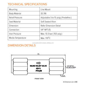 Válvula de Alivio en Línea Compacta Axis IRV1 con Presión de Ruptura Ajustable, Conexión NPT de 1/4" para Protección de Sistemas de Gas - Product Image 2