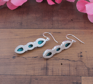 Boucles d'oreilles pendantes en turquoise à trois pierres, en argent sterling 925, forme goutte d'eau, luxe, unisexe, cadeau pour femme, mariage, fête - Product Image 4