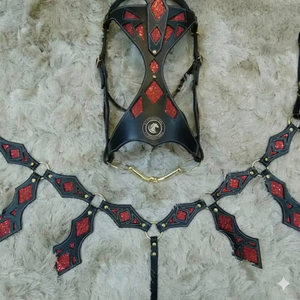 Pechera de cuero para caballo, estilo western, con cristales, flecos, conchos y cuentas, conjunto de arnés con correa ajustable y halter para montar. - Product Image 5