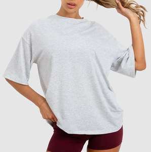 T-shirt ample à col rond et manches courtes pour femme, couleur unie, en coton tricoté, décontracté, à porter toute l'année - Product Image 5