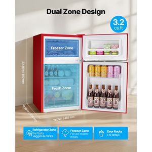 Mini Frigorifero Compatto a Due Porte da 3.2 Cu.Ft, Congelatore a Doppia Porta ad Alta Efficienza Energetica con Temperatura Regolabile e Ripiano in Vetro - Product Image 2