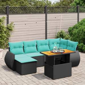 Ensemble de canapés de patio en polyrotin noir, 7 pièces, avec coussins, meubles d'extérieur, sièges de style contemporain, pour 7 personnes - Product Image 1