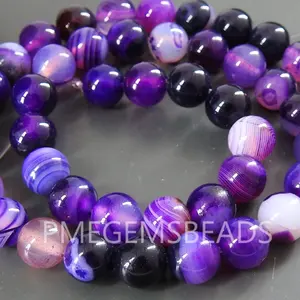 天然紫色条纹玛瑙圆球间隔珠，玉髓球，松石，手镯，项链15英寸8毫米左右