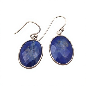 Pendientes ovalados de lapislázuli natural al por mayor, hechos a mano, con engaste de plata de ley 925, joyería colgante para mujer - Product Image 1