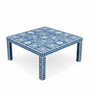 Mesa de Centro Ovalada con Incrustaciones de Hueso, con Intrincado Patrón Floral y Base de Pedestal a Rayas, Mesa de Centro Artesanal India Premium - Product Image 3