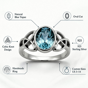 Anillo de Nudo Celta con Topacio Azul, Plata de Ley 925, Hecho a Mano, con Gema Ovalada Natural en Engaste de Bisel, Unisex, Joyería de Piedra de Nacimiento de Diciembre - Product Image 3