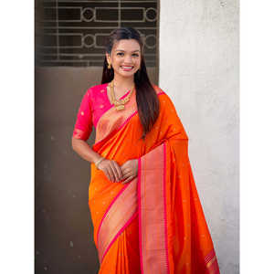 Sari Paithani de Seda Suave Naranja con Tejido Zari, Elegante Ropa de Fiesta India y Pakistaní de Elite Weaves, 650g, Verano/Invierno - Product Image 5