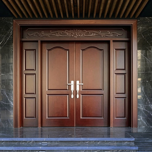 Porte d'entrée principale double en bois massif sur mesure avec panneau incurvé sculpté et panneaux latéraux GA-55S - Product Image 4