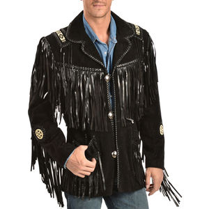 <b>Men</b> Cow Skin <b>Suede</b> Tassel Fringe Leather <b>Jacket</b> Turn-down Collar Breathable 240g Western Style Casual Winter Coat - Product Image 3