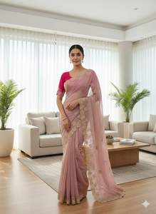 Sari indio de alta calidad en chiffon moss con lentejuelas, bordado multicolor y borde con trabajo de corte, con blusa bordada. - Product Image 2