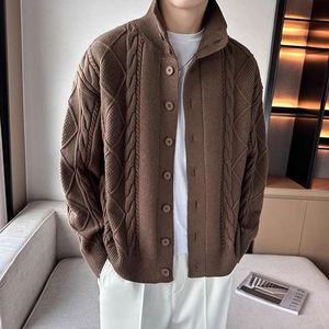 Cárdigan de Punto para Hombre, Otoño-Invierno, Color Sólido, con Bordado, Cuello en V, Cierre de un Botón, Antipilling, Corte Holgado - Product Image 2