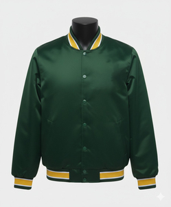 Chaqueta Varsity Lisa de Satén Verde Oscuro, Chaqueta de Béisbol de Satén Personalizada, Fabricante de Chaquetas Bomber al por Mayor con Etiqueta Privada OEM - Product Image 1