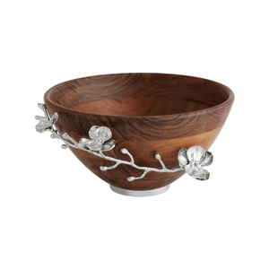 Bol de service en bois artisanal avec accent floral argenté, bol décoratif pour salade et fruits, pour table à manger, cuisine, restaurant, hôtel - Product Image 2