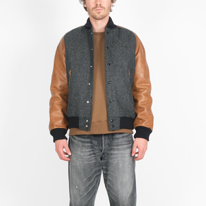 Grey and Tan Varsity <b>Jacket</b> for Men Wool and <b>Leather</b> Bomber Style Outerwear with Snap Button Front and Ribbed Collar Cuffs and - Product Image 1