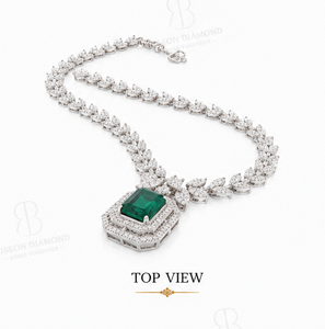 Elegant <b>necklace</b> in 18K white gold with emerald cut green gemstone floral leaf design surrounded by brilliant lab grown diamonds - Product Image 5