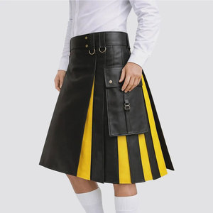 Kilt Híbrido de Cuero Vacuno Negro y Amarillo para Hombre, Kilt Utilitario con Pliegues Cuadrados y Bolsillos Tipo Cargo - Product Image 2