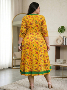 Conjuntos de Algodón Elástico con Estampado Floral para Mujer, Talla Grande, Vestido Anarkali de Maternidad, Mangas 3/4, Cuello Mandarín, Color Mostaza, Corte Acampanado - Product Image 5