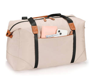 Elegant Beige Canvas Travel Duffle Bag Large Capacity Weekender with Vegan Leather Trim and Adjustable Shoulder Strap - Product Image 5