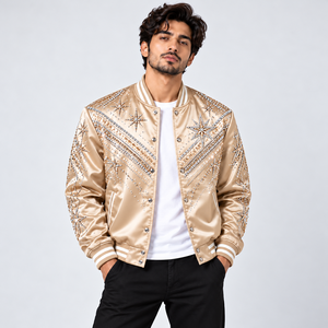 Chaqueta de Satén con Pedrería de Moda, Chaqueta Bomber de Lujo Decorada con Cristales Brillantes y Patrón de Estrellas para un Look Moderno - Product Image 1