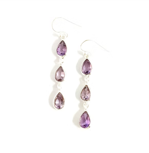 Women's Sterling Silver Three <b>Tiered</b> Amethyst Teardrop Long Hanging Earrings Anniversary & Party Boho Jewelry - Product Image 3