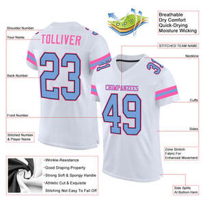 Maillot de football américain personnalisé blanc col en V manches courtes sublimé en mesh respirant séchage rapide 300g polyester unisexe adulte - Product Image 3