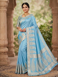 Light Blue BANARASI Silk <b>Saree</b> With Silver Zari Border And Paisley Design Traditional Indian Wedding Wear <b>For</b> <b>Women</b> - Product Image 5