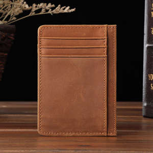 Portefeuille minimaliste fin unisexe avec poche avant en cuir véritable, porte-cartes en cuir Crazy Horse - Product Image 1